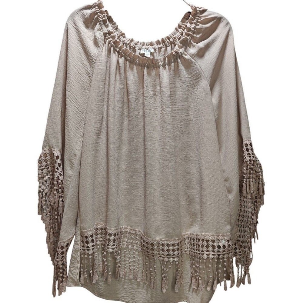 Spense Boho Peasant Blouse M Pink Beige Crochet Tassel Trim Flowy Top